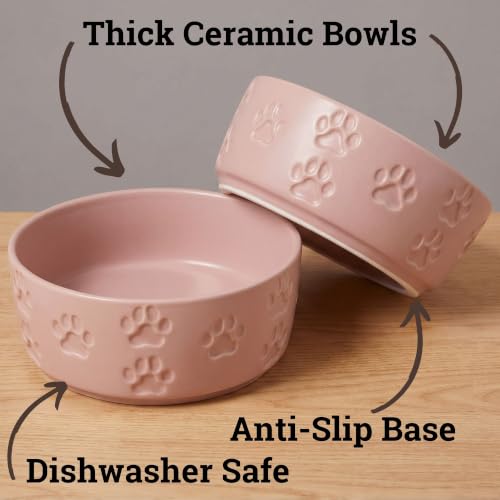 Ceramic Dog Bowl Set of 2 with Anti-Skid Base, 5.5"W x 2"H, 2 Cup Capacity | Thick Ceramic, Dishwasher Safe, Anti-Skid Rubber Base, 2 Cups per Bowl, Ceramic Food and Water Bowls Set of 2 for Small Dogs - color: Blush Pink, size: Small