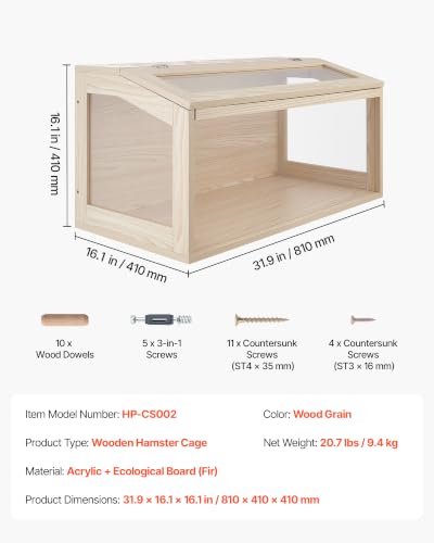 VEVOR Wooden Hamster Cage 31.9"x16.1"x16.1" 270° Viewing Hamster Habitat, Chewproof Acrylic Small Animal Cage with Openable Top, Large Pet Enclosure for Syrian/Dwarf Hamsters, Guinea Pigs & Gerbils - size: 31.9"L x 16.1"W x 16.1"H