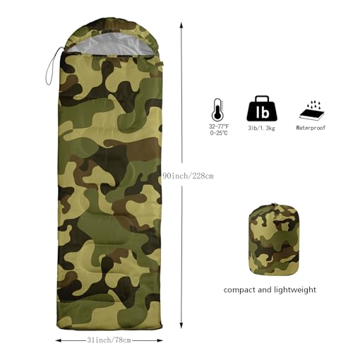 Sleeping Bags for Adults and Kids Backpacking Camping Sleeping Bags for Girls and Boys Lightweight Waterproof Cold/Warm Sleeping Bag for All Season - color: Army Green Camo