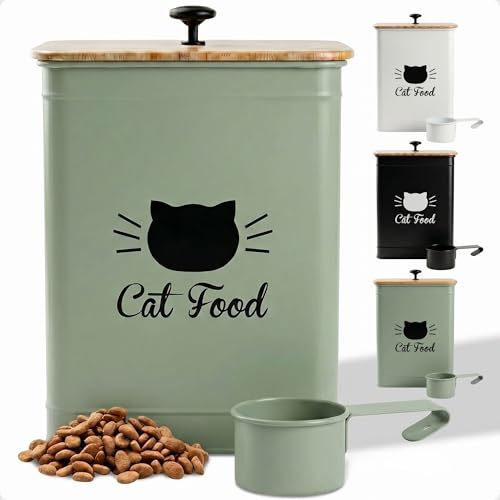 Metal Cat Food Container with Scoop 5-7 lb (25 Cup), w/ Airtight Bamboo Lid | Cat Kibble Canister with Metal Scoop, 25 Cups, Chew Proof Iron Body, Powder Coated, Airtight Bamboo Lid, Sturdy Metal Handle - color: Sage Green