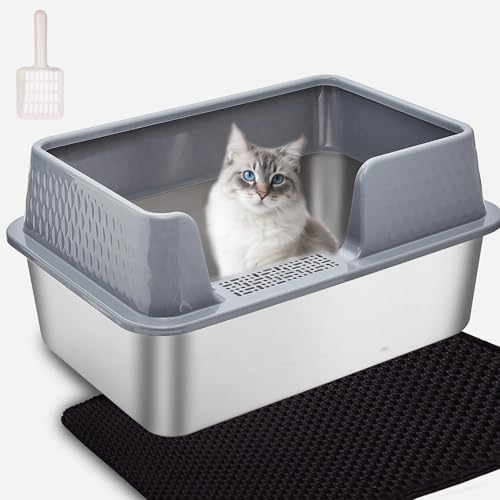 Large Stainless Steel Cat Litter Box with lid Cover Mats Scooper Small High Sided Enclosed Metal Kitty Litter Box for Kittens or Senior Cats with Grey Enclosure - size: Large