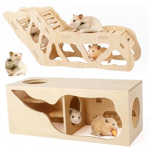 2Pcs Hamster House and Tunnel, Wooden Exploring Tunnel with Ladder, Small Animal Playground Exploring Toys for Syrian Dwarf Hamsters Gerbils Guinea Pig(Style1) - color: Style1