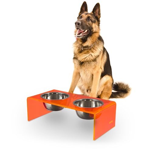 DBL2001E Keaton 7.5" Medium/Large Modern Acrylic Rectangular Elevated Pet Feeder with 54oz 2-Stainless Steel Bowls, Pink/Chrome - color: Pink/Chrome, size: 54 Ounces (7.5" Cups 2-Pack)