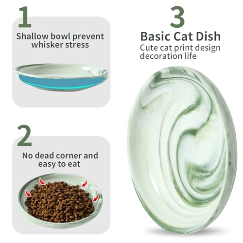 3 PCS Ceramic Cat Bowls, 5.5 in Pet Bowl Cat Dishes for Food and Water, Small Dog Dish(Marble Green) - color: Marble Green