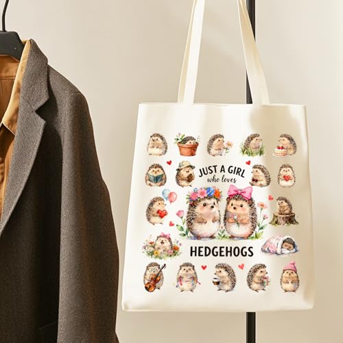 ANATTASOUL Canvas Tote Bag Reusable Cotton Bag for Women, Large 14.96"x 15.74" Cloth Shoulder Bags with Zipper Pockets - style: Hedgehog and Flowers