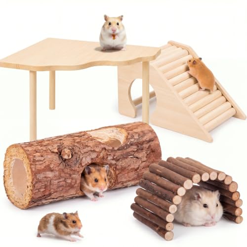 BreezeHug 4 Pcs Hamster Cage Accessories Hamster Platform Hideout Wooden Tunnel Ladder Playhouse Game Climbing Toy with Platform for Pets Dwarf Syrian Mice Degus Gerbils Squirrel(Hole) - style: Tree Hole