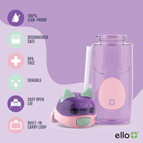 Ello Ellies 16oz BPA-Free Plastic Leakproof Kids Water Bottle, Cat | Animal shaped plastic kids water bottle with straw, leakproof locking lid, carry handle, & BPA-free design for school lunches - color: Cat, size: 16 Ounces