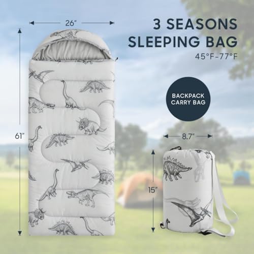 Wake In Cloud - Kids Sleeping Bag for Boys Toddlers, Camping in Warm Cold Weather, Backpacking Lightweight Compact Outdoor Liner for 3 Seasons, Dinosaur Sketch - color: Light Gray