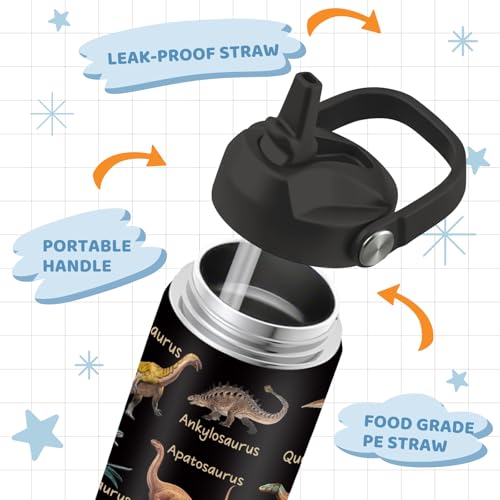 Dinosaur Water Bottle, Dinosaur Gifts, 12 oz Water Bottle with Straw | Stainless Steel Vacuum Insulated Bottle, Leakproof, Dinosaur Cup Gifts for for Boys - color: Dinosaur