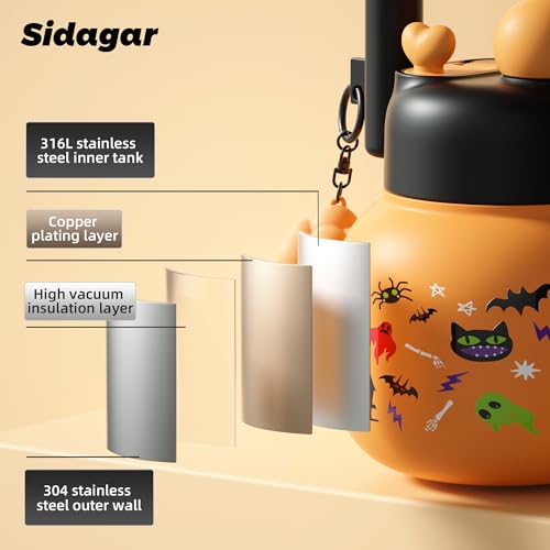 22 oz Tote Insulated Water Bottle with Handle, Leakproof, Halloween | Cute design with durable 316L stainless steel, dual sip, keeps drinks hot or cold longer, travel and everyday hydration - color: Halloween Orange