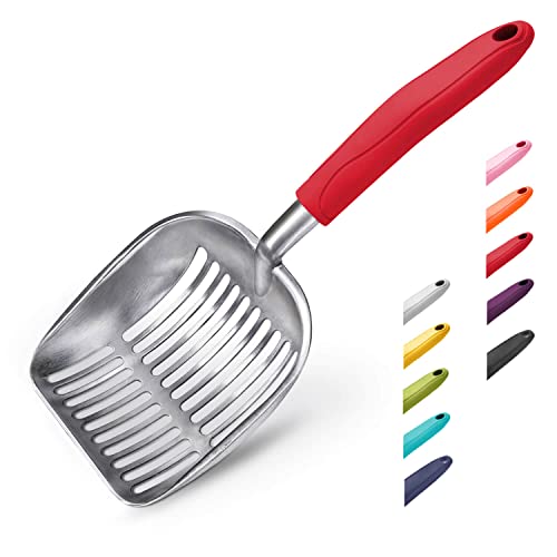 Cat Litter Scoop, Aluminum Alloy Sifter, Kitty Metal Scooper, Deep Shovel, Long Handle, Poop Sifting, Kitten Pooper Lifter, Durable, Heavy Duty, for Litter Box - color: FLAT Aluminum \ #08 Red Handle, size: Large