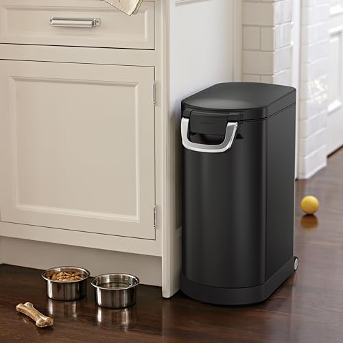 simplehuman Large Pet Food Storage Container, Holds 30-35 lb / 14-16 kg of Dry Dog Food, Cat Food, or Bird Seed, Airtight Lock-Tight Lid with Magnetic Scoop, BPA-Free, Matte Black Steel - color: Matte Black, size: Large