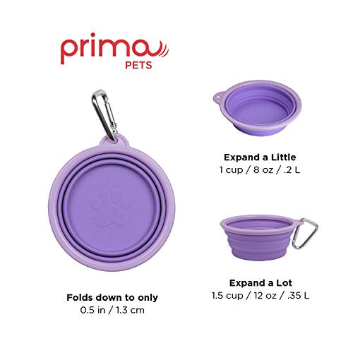 Prima Pet Collapsible Silicone Food and Water Travel Bowl with Clip for Dog and Cat, Small (1.5 Cups) - color: PURPLE, size: SMALL (1.5 CUPS)