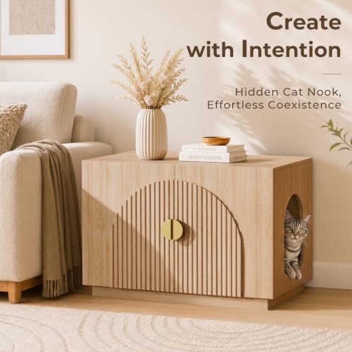 Amunrbrek Cat Litter Box Enclosure Furniture, 31.5" Arched Fluted Cabinet - color: Natural