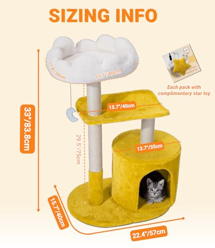33" Cloud Cat Tree Tower, Cozy Bed & Large Condo for All Cats | 33" Multi-Level Cat Tower, Scratching Posts, Viewing Perch & Toys, Stable Structure, Padded Bed, 13.7"x11.8" Cat Condo - size: 33" with Condo