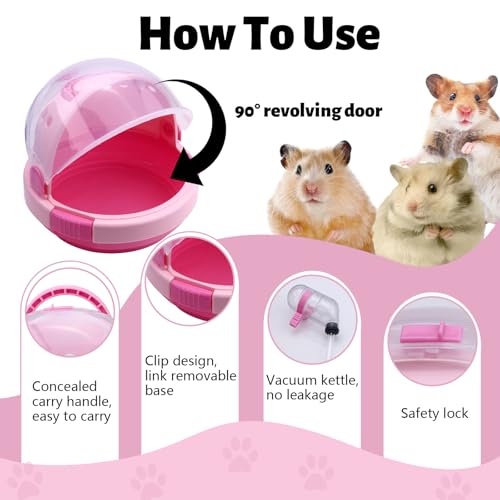 Pink Portable Hamster Carrier with Water Bottle & Handle, Breathable Guinea Pig Travel Cage, Pet Small Animal Carrier Carrying Case for Gerbils Mice Hedgehog Outgoing Transport (7" x 6.2") - color: Pink