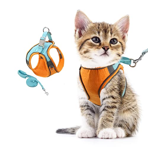ORIA Pet Harness, Dog Harness, Cat Harness and Leash Set, Breathable Pet Vest, Reflective Strips Jacket for Small Kitten, Puppy, Rabbit, Orange and Blue, 6.6 to 11lb - size: X-Small