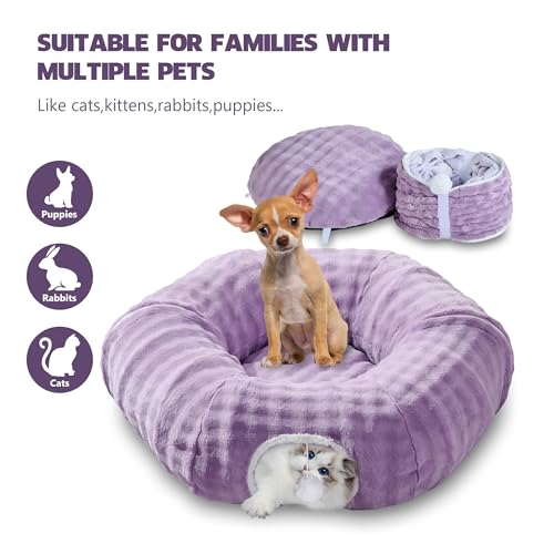 Bubble Round Cat Tunnel for Indoor Cats, Dusty Purple | Peekaboo Cave Toy with Dangling Balls, Donut Tunnel Bed with Circle Mat for Puppy Kitten Rabbit - color: Dusty Purple, size: Round