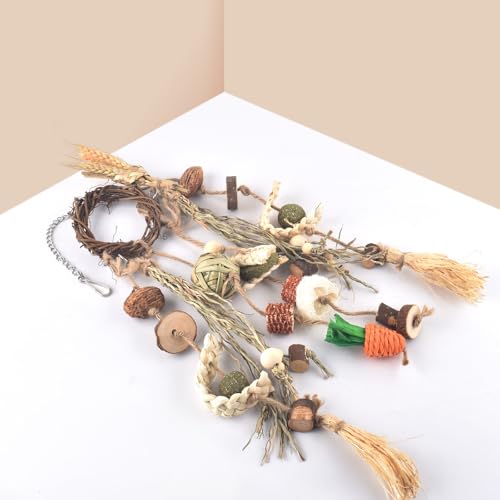 Bissap Bunny Chew Toy, Rabbit Cage Hanging Chewing Toy Treat Christmas Grapevine Wreaths Rattan Ring with Snack Water Grass for Guinea Pig Chinchilla Hamster Rat and Other Small Pet Teeth Grinding - style: Wheat & Vine