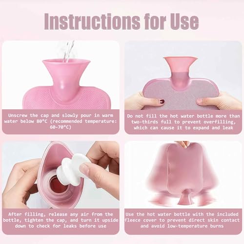 Fuzzy Hot Water Bottle Cute, Rubber Hot Water Bottle with Cover Only, Hot Water Bottles Bag for Pain Relief, Small Hot Water Bottles Heating Pad, Period Warm Compress (1 L) - color: Pink and White