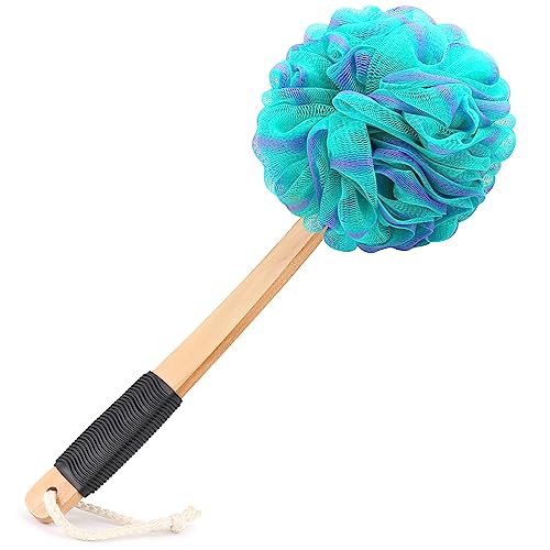 FORENEE Green and Purple Loofah on a Stick, PE Mesh Back Scrubber | Soft PE mesh for rich lather and gentle cleansing; water-resistant coated wood handle, non-slip rubber grip and hanging loop - style: Green
