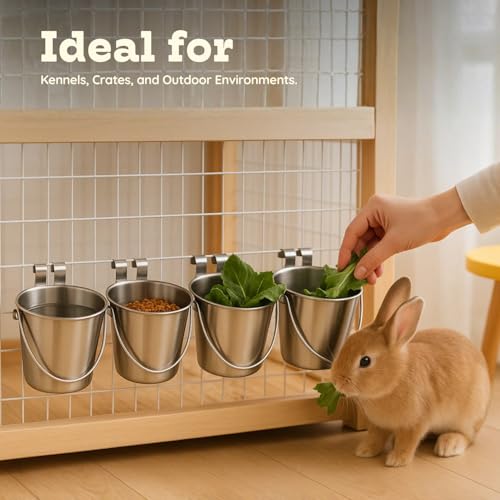 2 Quart Stainless Steel Flat Sided Bucket with Dual Hooks | 4 Pcs Durable Food & Water Bowl for Dog Cats Bird & Small Animals | Fits kennel Cage Crates Hanging Pet Pail | Multipurpose use - size: 2 Quart (Pack of 4)
