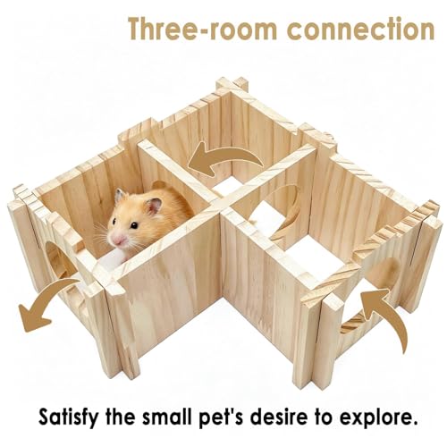 Wooden Hamster Hideout,Dwarf Hamster Hide House with Platform & Bowl & Ladder,Small Hamsters Maze Hut Hides Habitats Decor Cage Accessories for Gerbils,Mice,Mouse