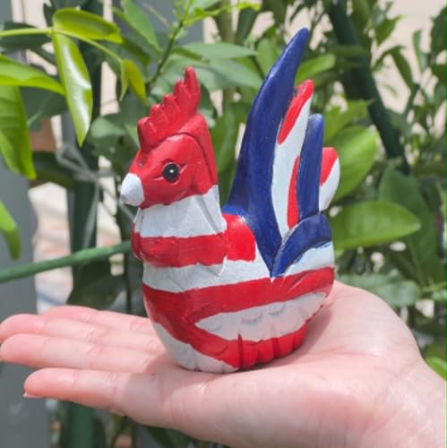 Hand Carved Wooden Rooster Figurine, Rustic Farmhouse Home Decor, Wooden Animal Sculpture, Unique Gift for Rooster Lovers (Vingtage White/Red/Blue Rooster) - color: Vingtage White/Red/Blue Rooster