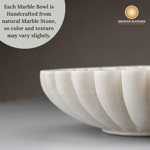 SWADESHI BLESSINGS Handcrafted Marble Ruffle Bowl for Home Decor, 7" | 100% Real White Marble, Catch-all Scalloped Fluted Decorative Bowl for Ring Dish, Fruit Bowl, Coffee&Dining Table, Gift-Ready - size: 7 Inches