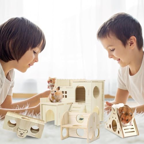 Hamster Toys 5-Piece Set ，Hamster House, Swing, Climbing Ladder, Seesaw & Exercise Wheel，Pet DIY Sport Exercise Toys Set, Small Animal Habitat Accessories ，Gerbils, Mice（Natural Wood） - color: BrownE