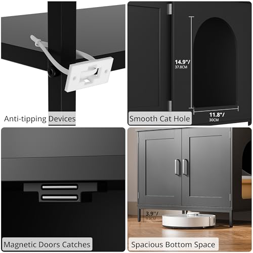 Cozy Castle Cat Litter Box Enclosure with Storage, 57'' Hidden Cat House Furniture, Wooden Cat Cabinet with Shelves & 4 S-Hooks, Indoor Cat Litter Box Organizer, Black - color: Black
