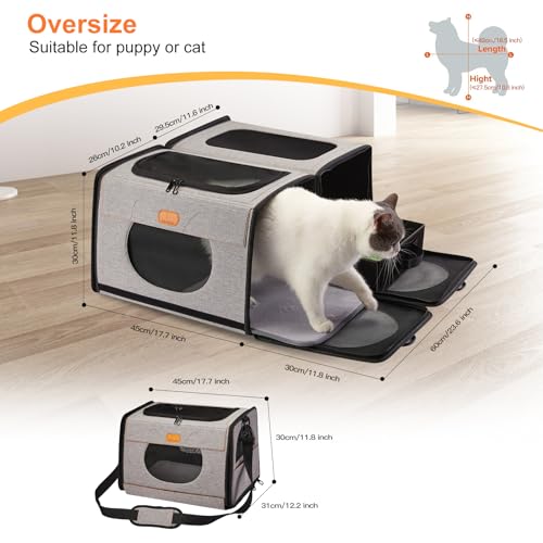 Cat Travel Carrier with Litter Box, Large Cat Carrier for Car | Double Cat Carrier, Pet Carrier 2-in-1, Cat Crate for kitten 2 cats, Collapsible Travel Transport carrier for Long Distance