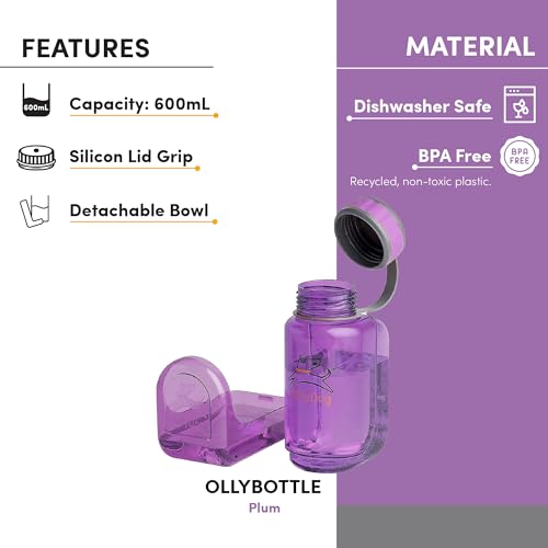 OllyDog OllyBottle | Tritan Dog Water Bottle with Detachable Bowl | BPA Free Leakproof Pet Dispenser | Hiking Travel (600ml, Plum) - color: Plum, size: 600ML