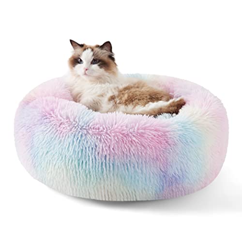 Bedsure Calming Cat Beds Donut Round Washable Kitten Bed,20 inches | Fluffy Faux Fur Cuddler,Anti-Slip Bottom,Anti-Anxiety,Deep Sleeping for Cats&Small Pets Up to 15 Lbs,Multi Color - color: Multi Color, size: 20"L x 20"W x 6"Th