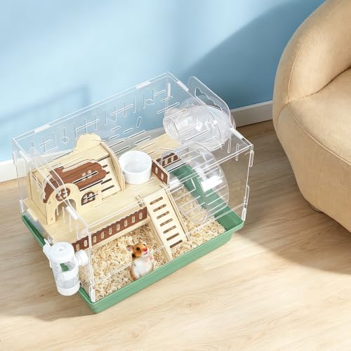 Acrylic Hamster Cage Clear Hamster Houses for Small Pet Mice | Running Wheel, Hideout, Food Bowl, 360 Viewing Transparent Pet Mice Cage for Syrian Dwarf Hamsters, Gerbils, Green - color: Green