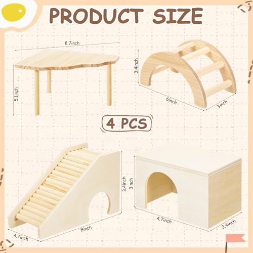 BreezeHug 4 Pcs Hamster Cage Accessories Hamster Platform Hideout Wooden Tunnel Ladder Playhouse Game Climbing Toy with Platform for Pets Dwarf Syrian Mice Degus Gerbils Squirrel(Log Cabin) - style: Log Cabin