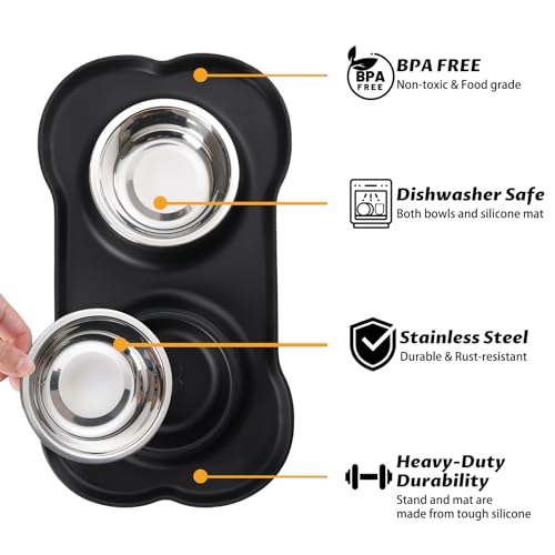 Hubulk Pet Dog Bowls 2 Stainless Steel Dog Bowl with No Spill Non-Skid Silicone Mat + Pet Food Scoop Water and Food Feeder Bowls for Feeding Small Medium Large Dogs Cats Puppies (M, Black) - color: Black, size: Medium