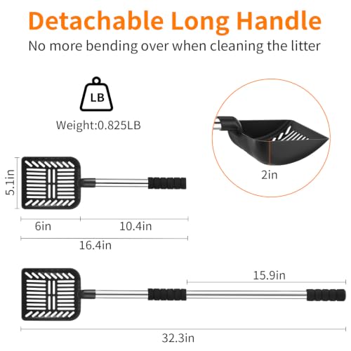 Metal Cat Litter Scoop: 32.3in Long Handle Litter Scooper | Heavy Duty Stainless Steel Pooper Scooper w/Deep Shovel-Detachable Non Stick Litter Sifter w/Foam Padded Grip-No Bending Back - color: black shovel