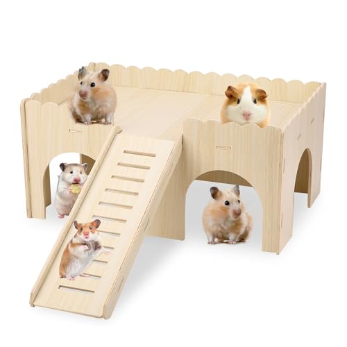 Large Guinea Pig Hideout, 14.96 X 9.45 X 7.09in Wooden Guinea Pig House | Hamster Hideout with Stair Stable Guinea Pig House for Squirrel Hamster Small Animal