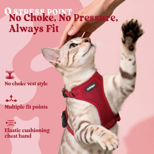 rabbitgoo Cat Harness and Leash, Easy-on with Neck Buckle, Red | Escape Proof, No Over-the-head, Soft Air Mesh, 3 Lockable Adjusters & Buckles, Reflective, for Small to Average Cats Walks, S - color: Red, size: S