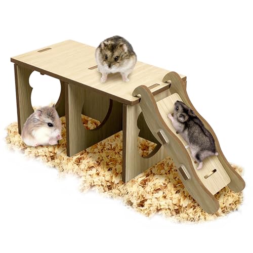 Tfwadmx Wooden Small Animal Hideout & Ramp - Hamster Tunnel System with Climbing Ladder, Peep Shed and Digging Chambers for Mice, Dwarf Hamsters (Small)