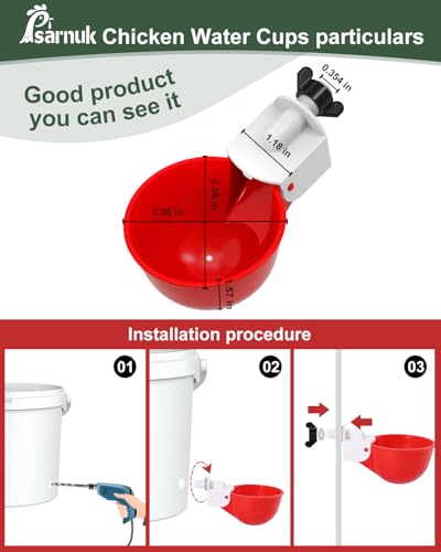 Chicken Waterer Cups (16 Pack) with 3/8" Drill Bit - Red | Automatic Poultry Drinker Feeder Kit for Chickens, Ducks, Turkeys, Quail, Bunnies | DIY Gravity Fed Bucket Water Dispenser - color: Red, size: 16 Pack + Drill bit