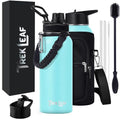 Travel Water Bottle with Carrying Bag, 3 Lids (Spout, Straw, Flip), and Bottle Brush; Leak Proof, Quality, Vacuum Insulated, Stainless Steel (Caribbean, 32 oz) - color: Caribbean, size: 32 Ounces