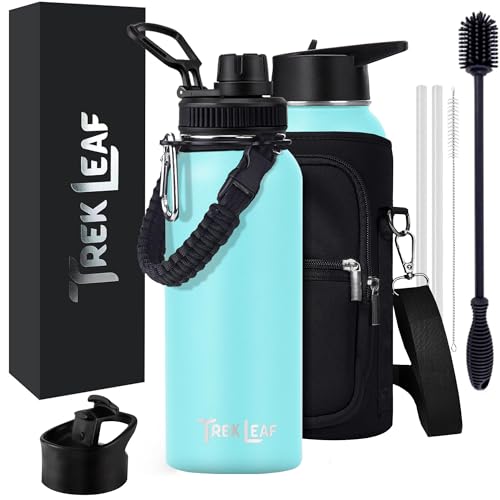 Travel Water Bottle with Carrying Bag, 3 Lids (Spout, Straw, Flip), and Bottle Brush; Leak Proof, Quality, Vacuum Insulated, Stainless Steel (Caribbean, 32 oz) - color: Caribbean, size: 32 Ounces