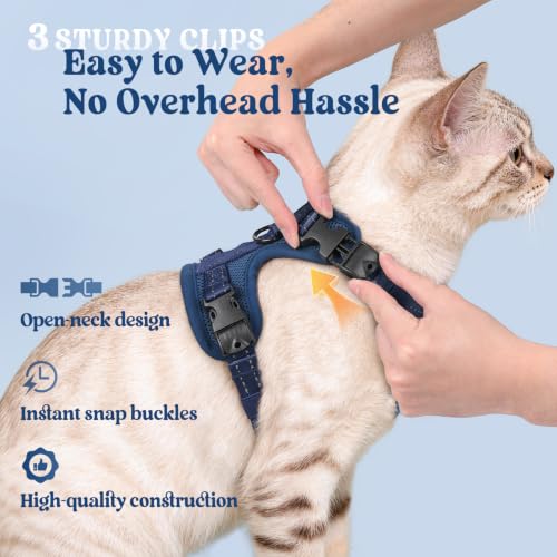 rabbitgoo Cat Harness and Leash Set, Easy-on with Neck Buckle, Navy Blue | Escape Proof, No Over-the-head, Soft Air Mesh, 3 Lockable Adjusters & Buckles, Reflective, for Kittens & Small Cats Walks, Xs - color: Navy Blue, size: Xs