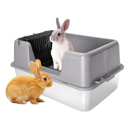 XXXL Rabbit Litter Box, 23.6" L x 15.7" W x 12.4" H Stainless Steel Rabbit Litter Box with Lid, Hay Feeder with Hooks, Footed Metal Grid, Easy to Clean for Medium and Large Rabbits