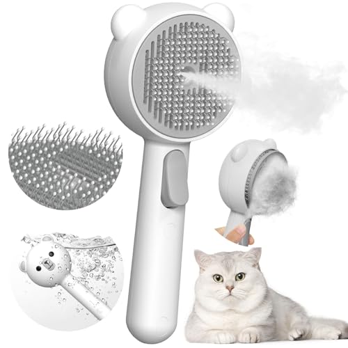 Cat Steam Brush with 2 Spray Levels & Release Button 4-in-1 Cat Water Brush | for Shedding Grooming, Pet Hair Removal Comb for Long Short Haired Cats Dogs, IPX7 Waterproof Self Cleaning Slicker Brush - color: White with Handle