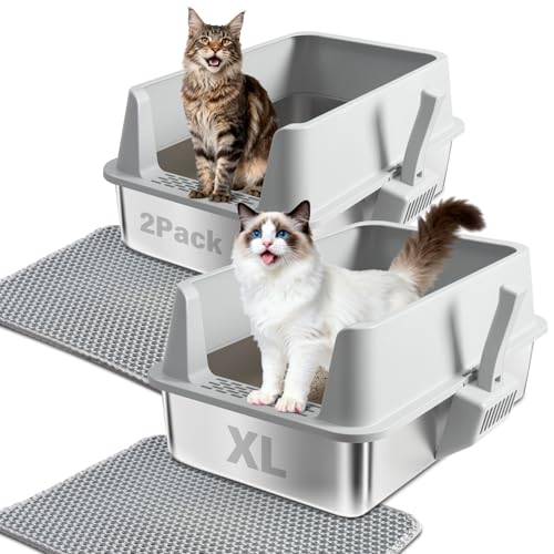 2PCS Stainless Steel Litter Box, XL Cat Litter Box for Big Cat | Large Metal Litter Boxes with Lid High Side, Non-Stick, Odor-Resistant, Anti-Urine Leakage, Includes Mat & Scoop - color: 2PCS XL-lid box