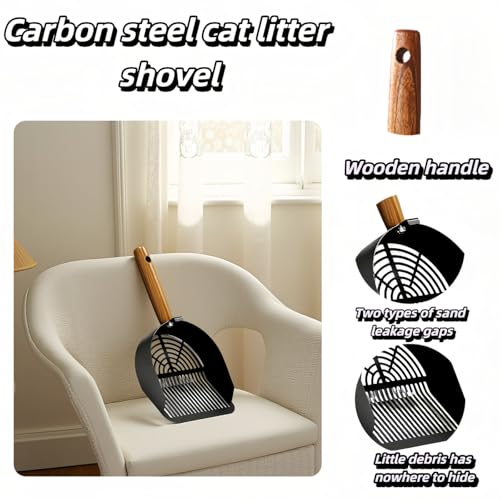 Chinshwehaw Premium Stainless Steel Cat Litter Scoop-Triple Guard Walls&Non-Stick Design,Silver,Flat Shovel Head Design Solid Deep Edge Wood Handle,Dual Hooks 1Pack,6.1x5.3inch (Black Long Strip) - color: Black