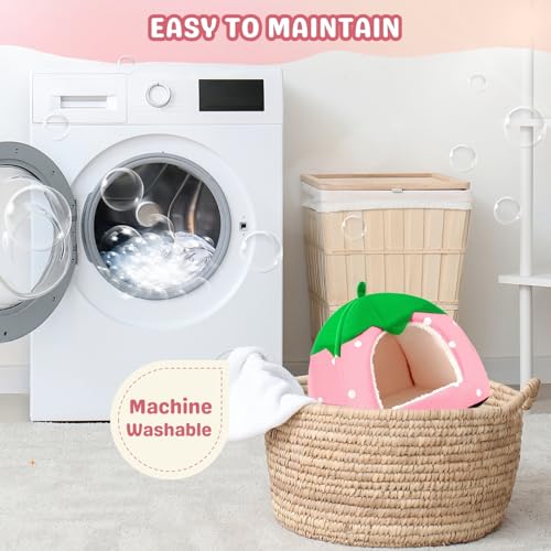 Rabbit Hideout, Washable Bunny Bed with Removable Pee Pad, Plush Indoor Rabbit House, Adorable Strawberry Design Small Animal Hideaway for Guinea Pig, Pink - color: Pink
